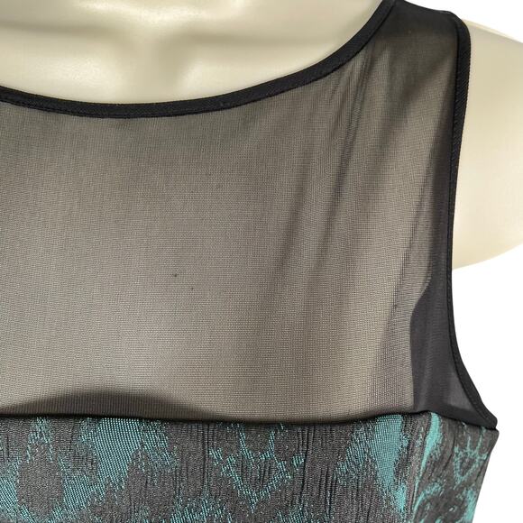 Badgley Mischka Dress 6 Green Black Damask Illusion Neck Sides Sheath Cocktail - Picture 3 of 14